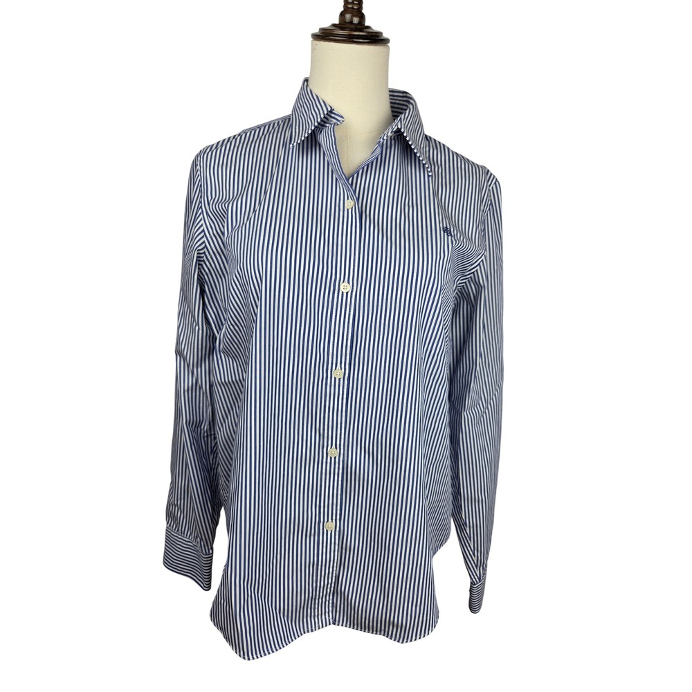 Lauren Ralph Lauren Button Up Shirt Medium Blue White Striped Non-Iron Preppy